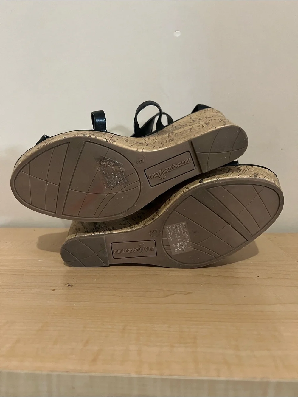 Montego Bay Club Black Wedge Sandals with Cork Platform and Gold Accents
